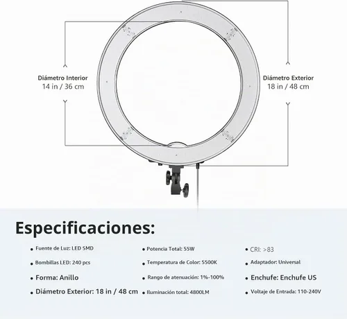 Vista 2 de NEEWER Luz de anillo de 18 pulgadas, 55 W regulable 5500K luz con 240 LED