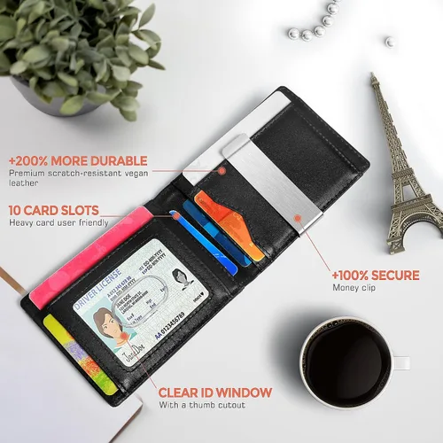 Vista 3 de Meifei Funda de cuero genuino para hombre 11 tarjetas titular, Negro -, Sencillo