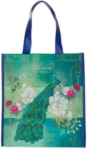 Vista 16 de Christian Art Gifts Bolsa de compras reutilizable floral Bumble Bee Versículo bíblico de fe, multicolor, Romanos 5:1, fácil de sostener, bolso Verde