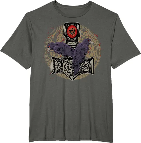 Vista 6 de Thors Hammer Mjolnir Huginn and Muninn Odin Raven - Camiseta, Negro, S