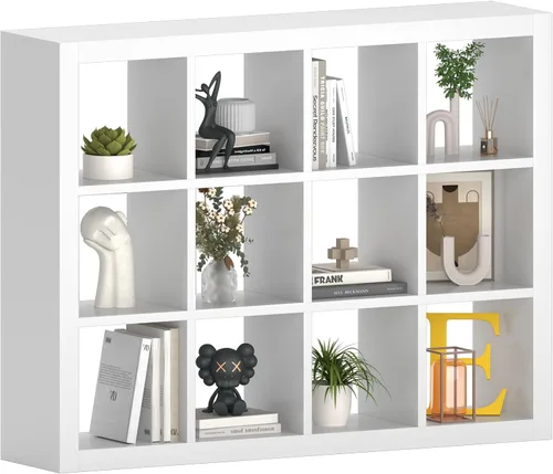 Vista 46 de Estantería con contenedor de almacenamiento, organizador de almacenamiento de 6 cubos, estantería abierta de madera moderna, estante de cubículos