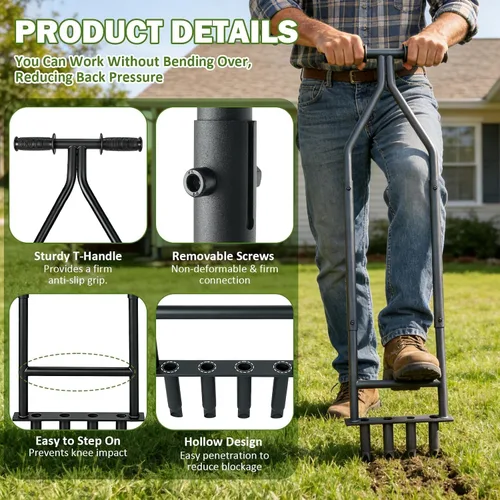 Vista 4 de Herramienta aireadora manual para césped, aireador de césped de hierro desmontable resistente con desbrozador de raíces, reduce la compactación