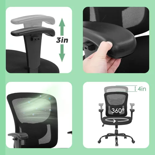 Vista 5 de Silla de oficina ergonómica ejecutiva, silla de computadora de malla con soporte lumbar, asiento ancho, brazos de ajuste, giratorio, respaldo alto