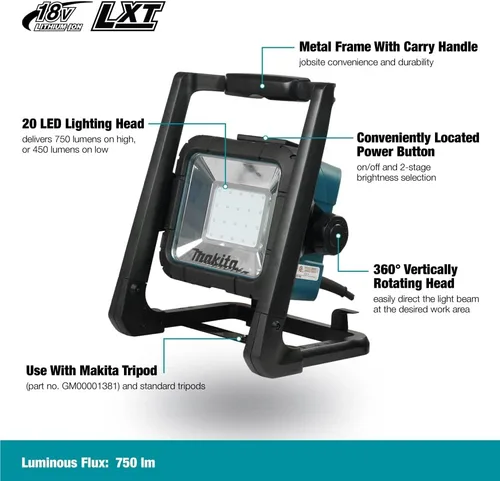 Vista 2 de Reflector Makita DML805 de 18 V LXT, alámbrico/inalámbrico, con batería de iones de litio