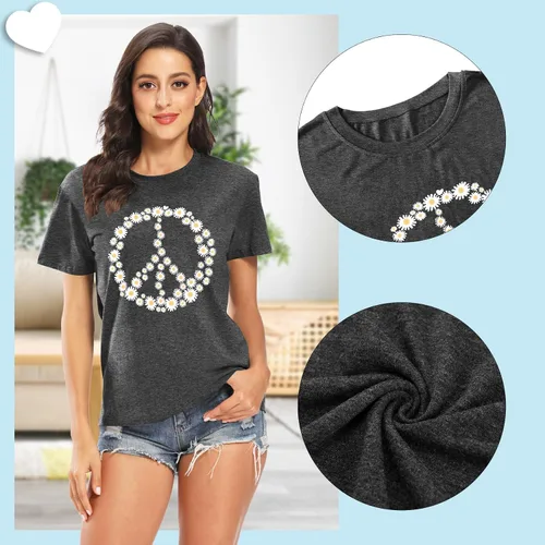 Vista 5 de Camiseta de amor con signo de paz para mujer, camiseta con estampado de flores, hippie de manga corta de los años 60 y 70, camiseta inspiradora