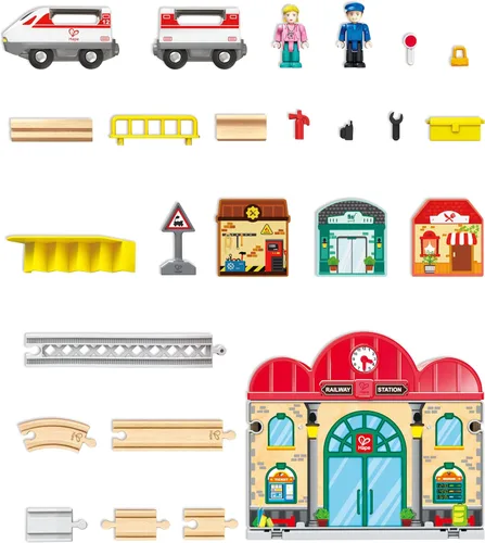 Vista 6 de Hape Juego de estación de tren de madera portátil, juego de tren para niños, rieles, estación de tren y personajes, fácil de transportar