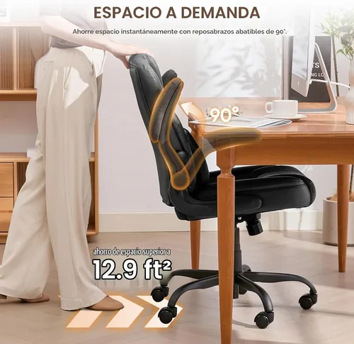 Vista 5 de Silla de Oficina para el Hogar con Soporte Lumbar, Asiento Engrosado de 5", Pequeña Silla de Escritorio Mecedora de Cuero PU, Cómodas Sillas de Negro