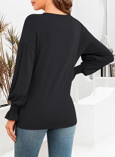 Vista 4 de MIHOLL Blusa de manga larga para mujer, cuello redondo, manga farol, casual, holgada, para mujer