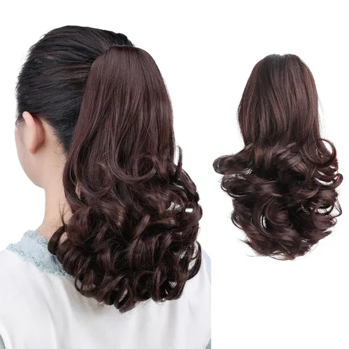 Vista 99 de Extensiones de cola de caballo, extensiones de cabello de cola de caballo con clip de garra marrón oscuro para mujer, pieza de cabello rizado