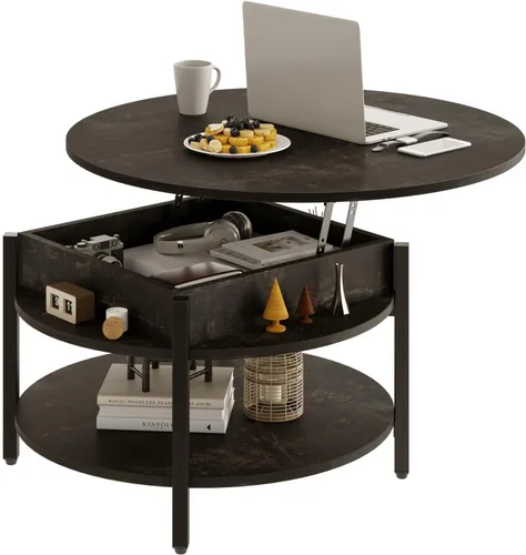 Vista 9 de FABATO Mesa de Centro Redonda con Tapa Elevable con Almacenamiento y Compartimento Oculto, 26.77'' Mesa de Centro Estilo Granja para Sala de Estar