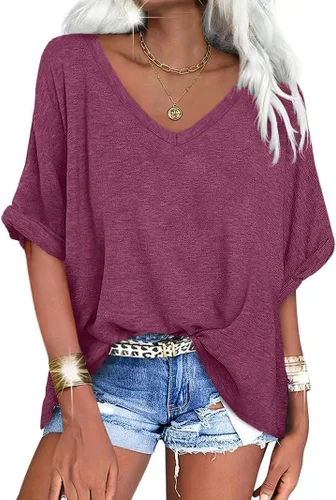 Vista 22 de UNCLECAT Camisetas de gran tamaño con cuello en V para mujer, camisas de manga corta de verano, holgadas, casuales