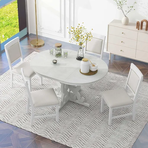 Vista 17 de Farmhouse - Juego de mesa de comedor de 5 piezas, mesa de comedor redonda extensible con 4 cómodas sillas tapizadas, juego de muebles funcionales
