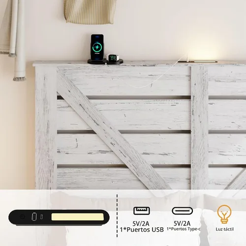 Vista 3 de Marco de cama de granja con cabecero, luces LED, carga USB