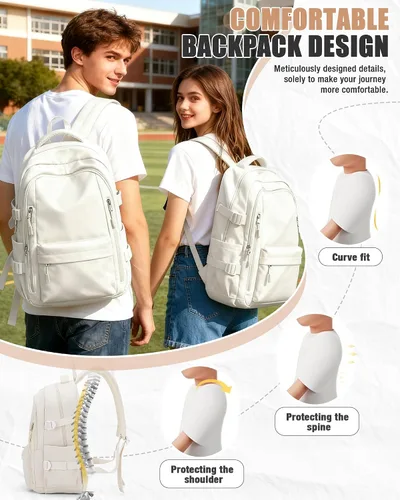 Vista 5 de BOXSAM Mochila ligera para mujer, mochila grande de viaje para laptop, mochila informal para la universidad, mochila para hombres, color beige
