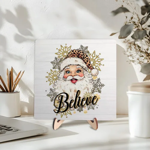Vista 6 de Letrero de placa de madera con texto en inglés "Merry Christmas", letrero de madera para decoración de escritorio de oficina en casa, 5.9 x 5.9