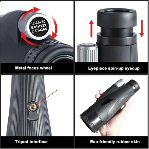 Vista 5 de Telescopio monocular de 12-36 x 60 pulgadas, zoom de largo alcance, con trípode clip para teléfono para observación de aves al aire libre