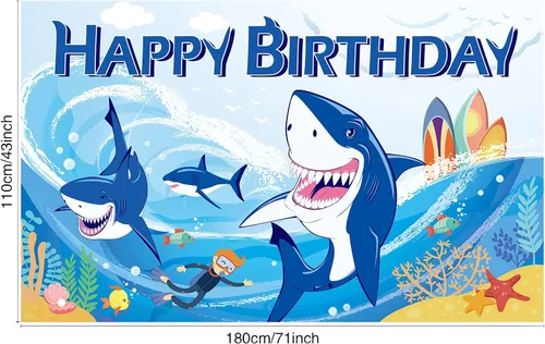 Vista 2 de Cartel de fondo de decoración de fiesta de tiburón, decoraciones de cumpleaños de tiburón, fondo de fotografía de zona para niños y niñas