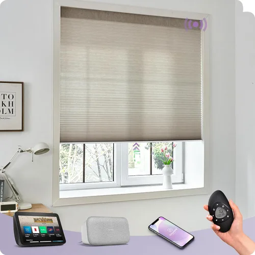 Vista 13 de Graywind Persianas celulares inteligentes personalizadas compatibles con Alexa Google, opacas, recargables, motorizadas, de 5/8 pulgadas, diseño