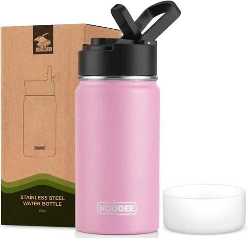Vista 12 de koodee Botella de agua para niños, botella de agua de acero inoxidable de 12 onzas con aislamiento al vacío para la escuela, botella de agua de boca