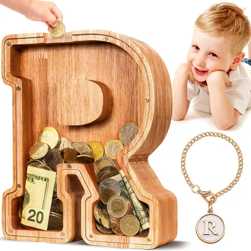 Vista 32 de SummiDate Alcancía de madera de letra para niños y niñas, Alfabeto, personalizada, regalo de cumpleaños y pascua para niños (A)