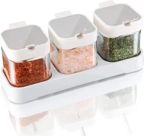 Vista 7 de Mlici Contenedor de especias para condimentos con tapas y cucharas, recipientes de vidrio transparente de 8.6 onzas, contenedor de condimentos