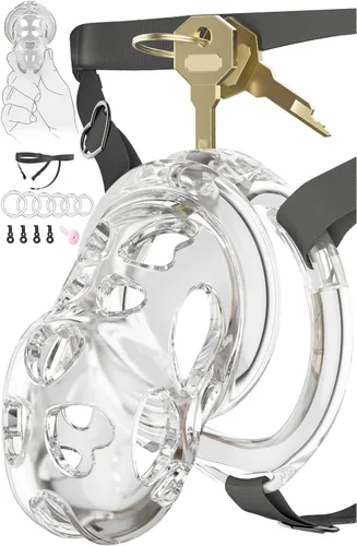 Vista 11 de Chastity Cage - Jaula de castidad para macho, jaula plana de castidad de silicona suave con cinturón de castidad ajustable, bloqueo invisible y 6