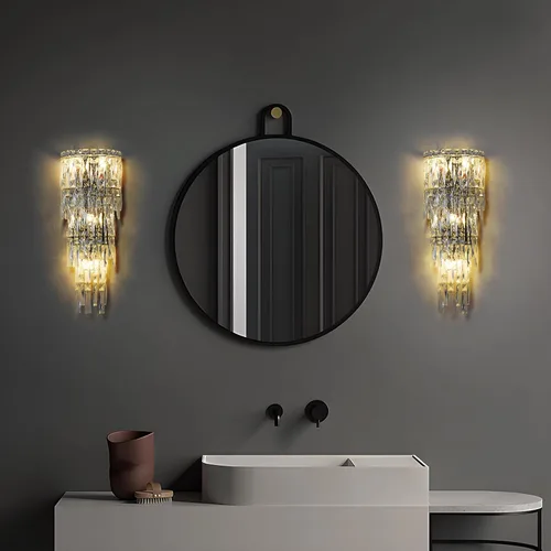 Vista 2 de Apliques de pared, modernos apliques de pared de cristal para interiores, lámpara de pared cromada de lujo, lámpara de pared K9 con gotas de cristal