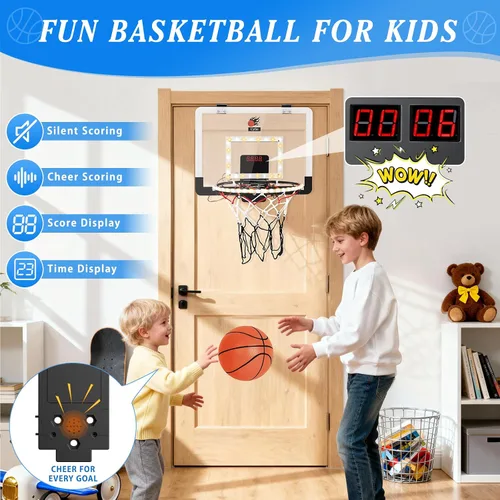 Vista 6 de CYFIE Mini aro de baloncesto para interiores para niños con luz LED, ventosa/aro de baloncesto sobre la puerta con marcador y 3 bolas, juguetes