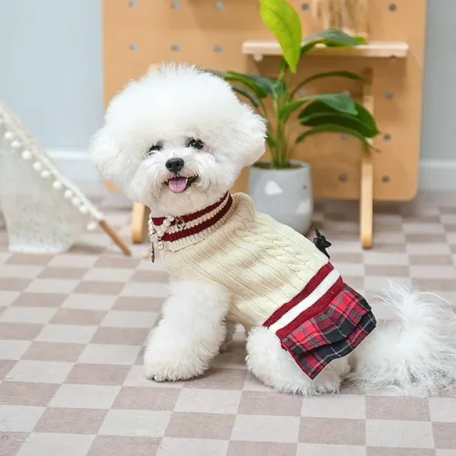 Vista 5 de PAWCHIE Vestido de suéter para perro con corbatín - Suéter de punto con cuello alto para perros pequeños, para niñas, para clima frío, con orificio