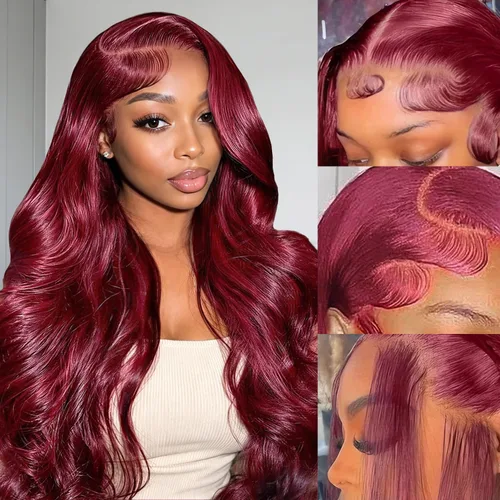 Vista 17 de Pelucas de cabello humano con encaje frontal HD color burdeos de 13 x 6 pulgadas, peluca de encaje frontal de 22 pulgadas, densidad del 180 % Borgoña