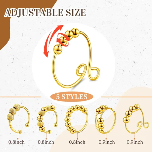 Vista 3 de Yinkin 30 anillos para ansiedad para mujeres, de acero inoxidable, ajustable, con cuentas, para hombres y adultos, alivio del estrés (dorado)