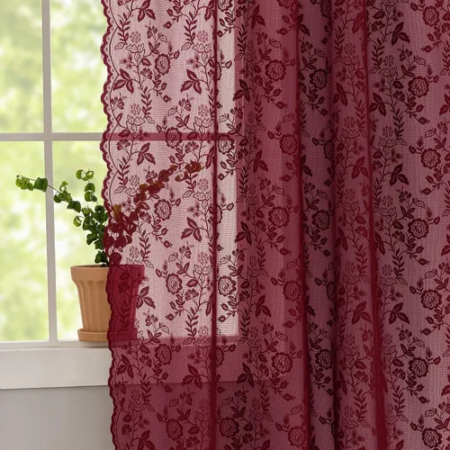 Vista 36 de FINECITY 2 paneles de cortinas de encaje beige de 36 pulgadas de largo con hojas florales rústicas, cortinas cortas y transparentes para ventana