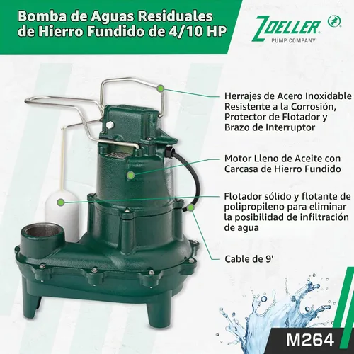 Vista 2 de Zoeller Bomba de aguas residuales M264 Waste-Mate, 4/10 caballos de fuerza, 115V