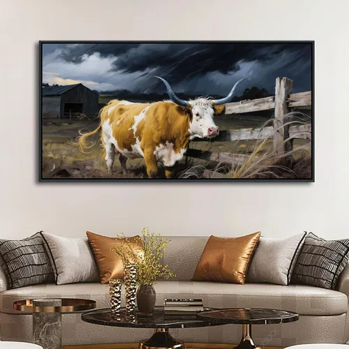 Vista 20 de AJAZIKO Arte de Pared de Vaca de las Tierras Altas - Decoración de Pared de Granja y Campo Rústico, Cuadros Grandes en Lienzo para Sala de Estar