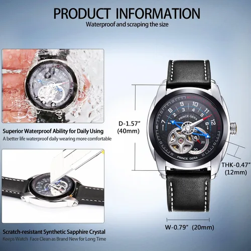 Vista 4 de Prince Gera Hombre piel automática relojes Negro de Brown Única Esqueleto impermeable reloj Casual lumious