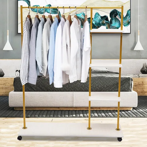 Vista 3 de Perchero para ropa, organizador de ropa con ruedas, soporte cuadrado de exhibición, estante de almacenamiento de metal dorado, estante portátil