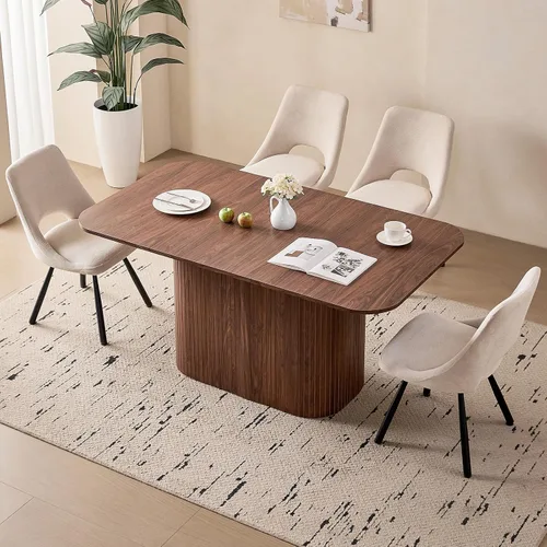 Vista 20 de Juego de 4 mesas de comedor grandes de 63 pulgadas para 4, esquinas redondeadas, mesa de cocina rectangular moderna de madera con sillas Boucle