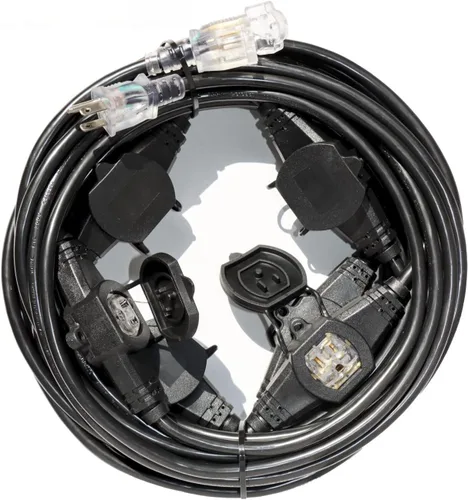 Vista 10 de Cable de Extensión de Corriente de 25 Pies con 3 Clavijas, Cable SJTW Calibre 12 5-15R de Enchufe Macho a Conector Hembra, 7 Tomacorrientes