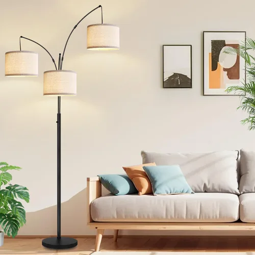 Vista 6 de Lámpara de pie regulable: 3 luces de arco para sala de estar, lámpara de pie alta moderna de 1000 lm con pantallas blancas y base pesada, lámpara