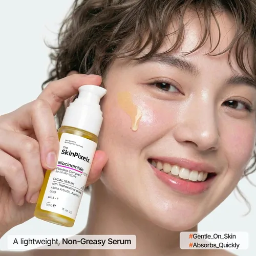 Vista 7 de The SkinPixels Suero facial iluminador y resplandor de niacinamida al 10% – Reduce las manchas oscuras, el acné, las líneas finas y las arrugas