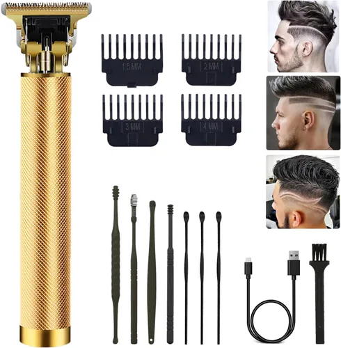 Vista 9 de Cortapelo para hombres, kit profesional recargable inalámbrico dorado con peines guía