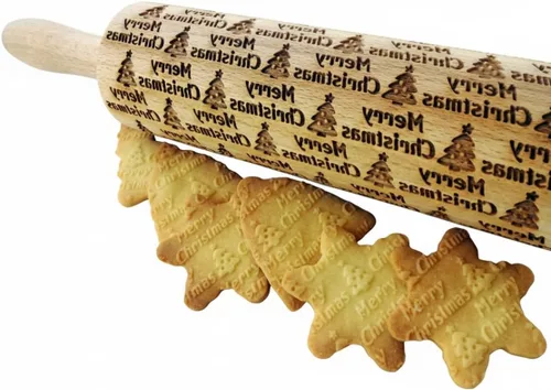 Vista 18 de Rodillo de amasar con relieve de ángeles navideños FELIZ NAVIDAD para decorar galletas de jengibre navideñas