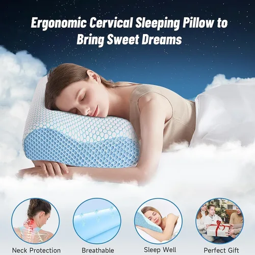 Vista 4 de Almohada cervical ergonómica para dormir, tamaño Queen azul Memory Foam Bed Pillow for Side Back Stomach Sleepers, Contour Fit Neck Pillow for