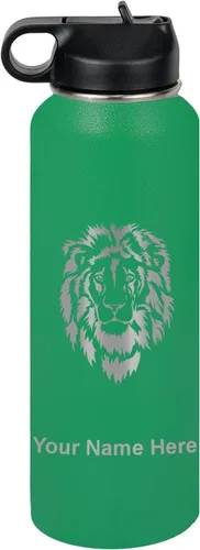 Vista 59 de LaserGram Botella de agua personalizada, cabeza de león, acero inoxidable de doble pared aislada al vacío con popote superior, regalo grabado
