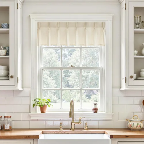 Vista 8 de DriftAway Cenefa plisada para ventana de cocina, cenefa de lino sintético con textura de color beige sólido para sala de estar, cenefa de lino