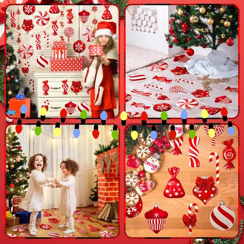 Vista 6 de Yulejo 65 calcomanías de Navidad para el suelo, calcomanías de pared de menta, calcomanías de bastón de caramelo, decoraciones de piruletas grandes