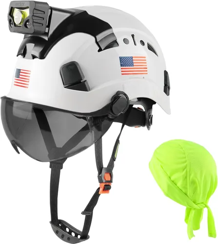 Vista 12 de GREEN DEVIL Casco de seguridad con luz recargable para faros delanteros y forro para casco, correa para barbilla, para hombre, ventilada