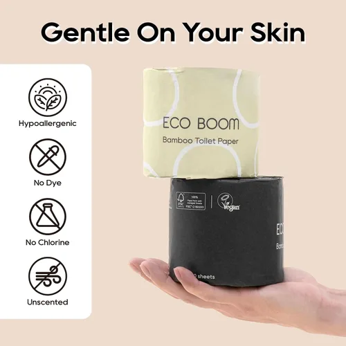 Vista 5 de ECO BOOM Papel higiénico de bambú sin blanquear, 100% libre de deforestación y sin plástico, 3 capas resistentes, certificado FSC, sin fragancia, 9
