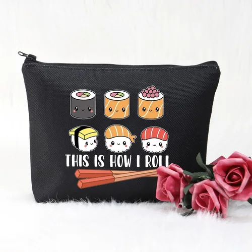 Vista 3 de POFULL Regalo para amantes del sushi, bolsa de cosméticos This is How I Roll, regalo de fiesta de sushi, cocina japonesa, regalo para amantes