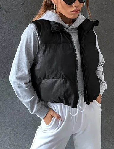 Vista 3 de Zhiyouni Chaleco acolchado ligero sin mangas con cuello alto corto acolchado